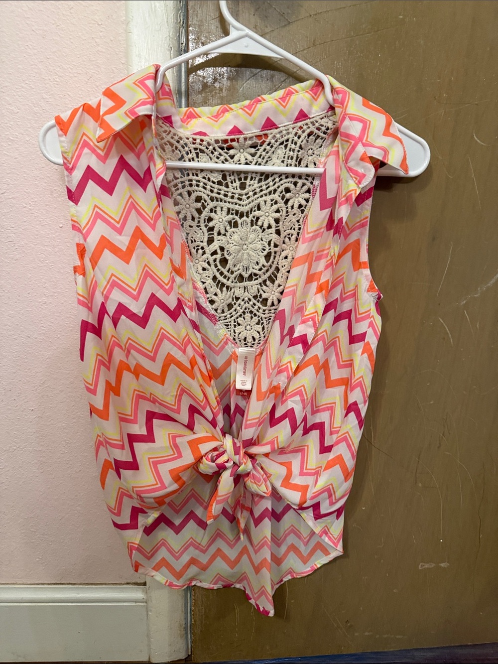 No Boundaries Chevron Tie-Front Camisole with Crochet Back - Pink & Orange